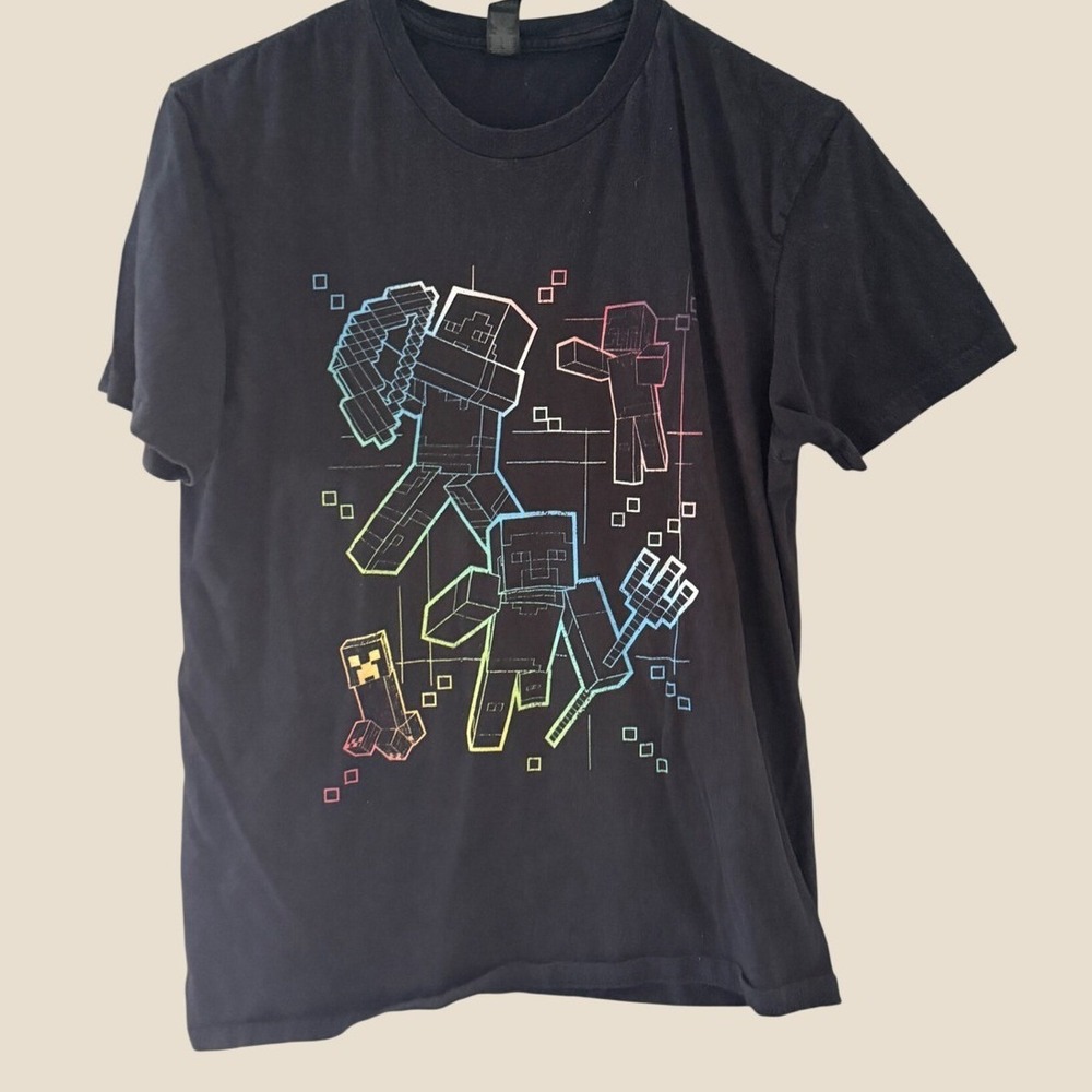 Minecraft Steve Creeper Zombie Neon Graphic T-Shirt Black Mens Medium Gildan
